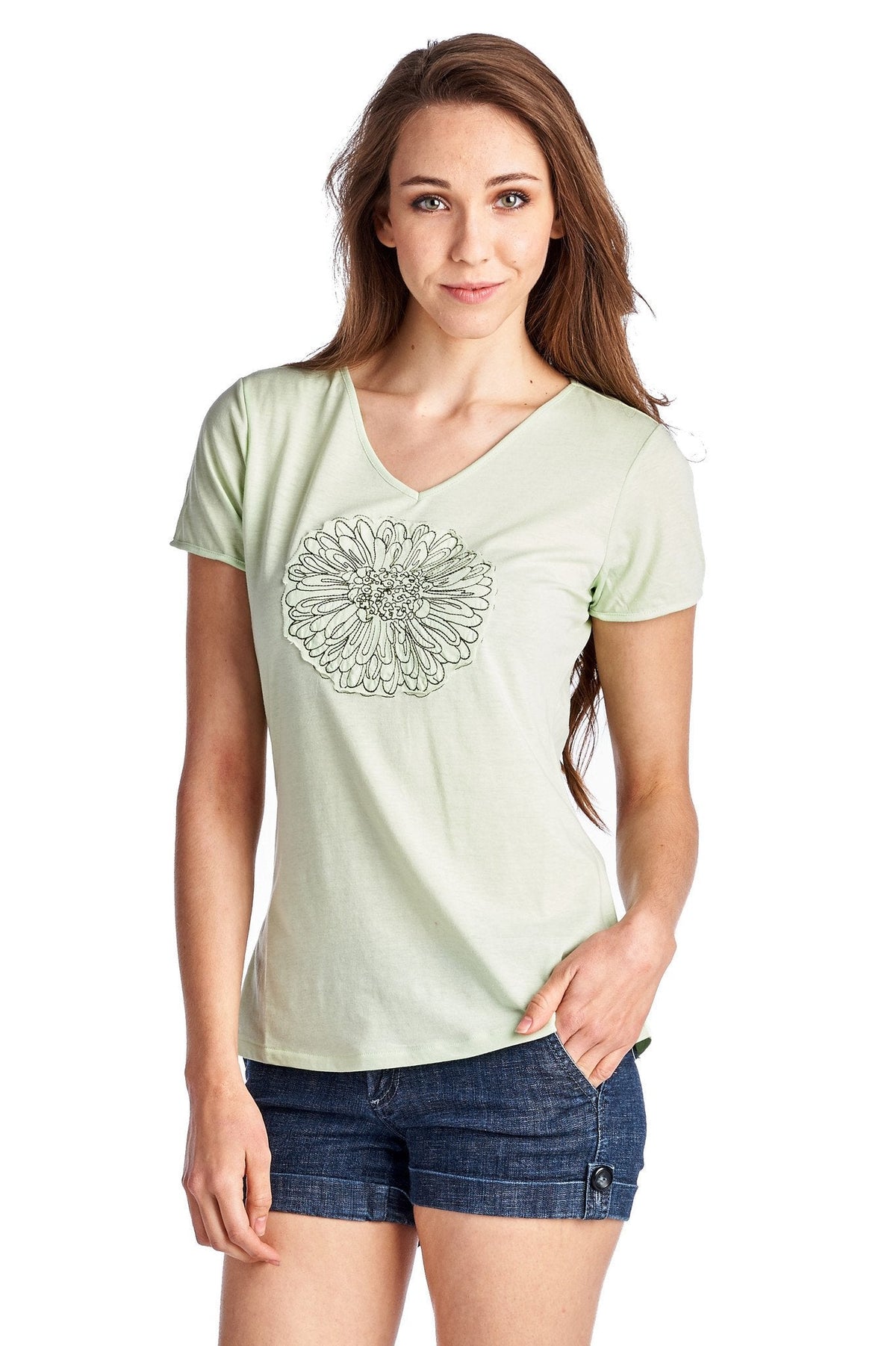 Women's Short Sleeve Rose Embroidered V-Neck Tee Green 12 Tops - Tophatter Daily Deals
