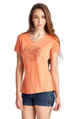 Women's Short Sleeve Rose Embroidered V-Neck Tee Orange 13 Tops - Tophatter Daily Deals