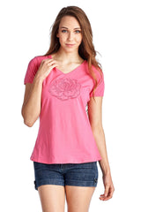 Women's Short Sleeve Rose Embroidered V-Neck Tee Rose Tops - Tophatter Daily Deals
