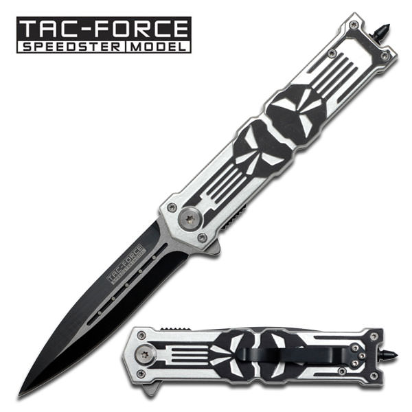 Skull Design Punisher Stiletto Spring Assisted Tactical Rescue Pocket Knife - Tophatter's Guns'N'Weapons Store Collectible Weapons - Tophatter Daily Deals