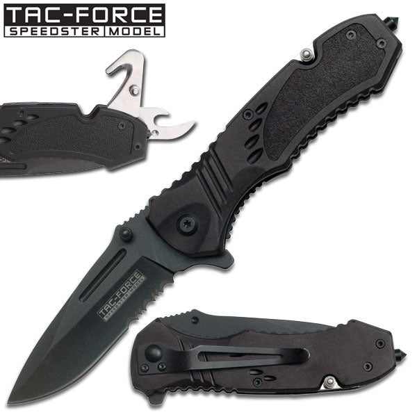 Black Spring Assist Knife Multi Tool With Can Opener, Rope Cutter, Glass Breaker - Tophatter's Army Products & Self Defense Collectible Weapons - Tophatter Daily Deals