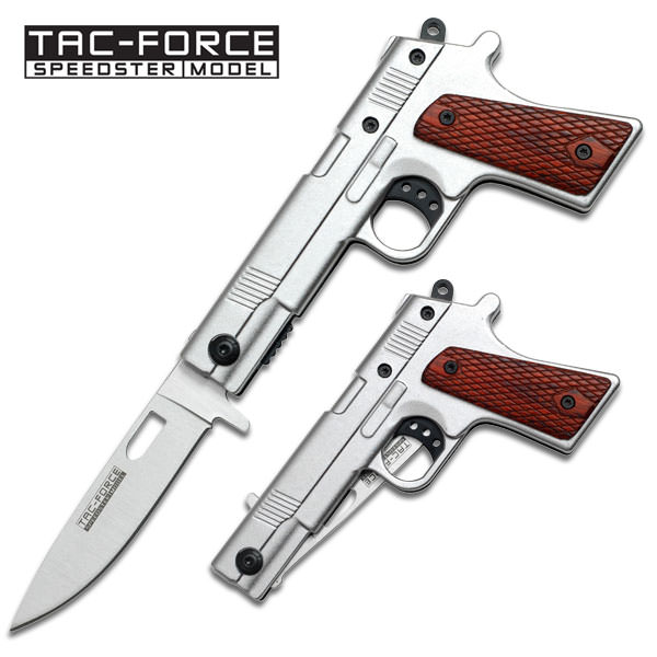 Gun Handle Design Spring Assisted Knife - Wood Overlay Handle - TOPHATTER'S ARMORY DEALS Collectible Weapons - Tophatter Daily Deals