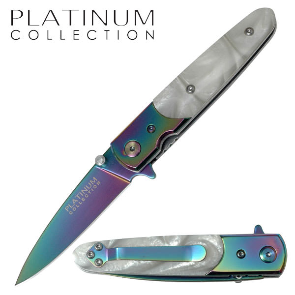 White Pearl Handle Spring Assisted Folding Pocket Knife - Rainbow Blade - TOPHATTER'S ARMORY DEALS Collectible Weapons - Tophatter Daily Deals
