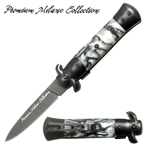 Black Stiletto Style Spring Assist Knife - White Pearl Handle Collectible Weapons - Tophatter Daily Deals