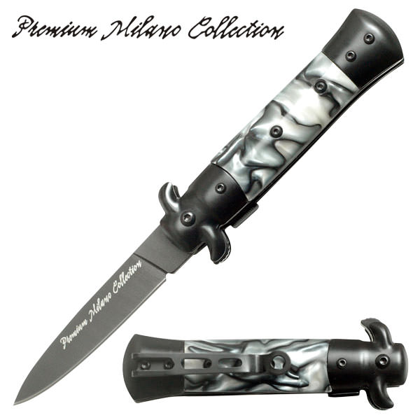 Black Stiletto Style Spring Assist Knife - White Pearl Handle - Tophatter's Guns'N'Weapons Store Collectible Weapons - Tophatter Daily Deals