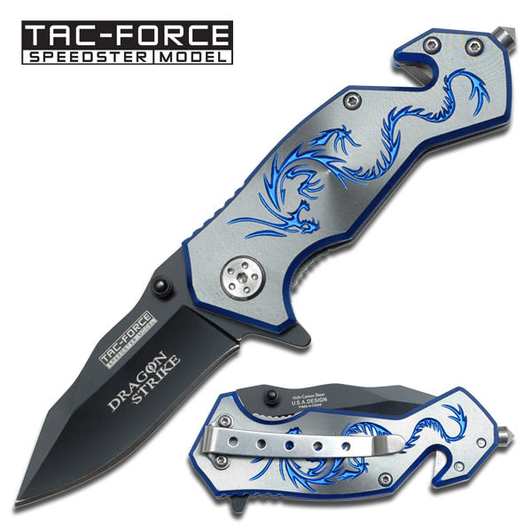 3.5" Mini Silver Blue Dragon Black EDC Spring Assist Knife - Tophatter's Guns'N'Weapons Store Collectible Weapons - Tophatter Daily Deals