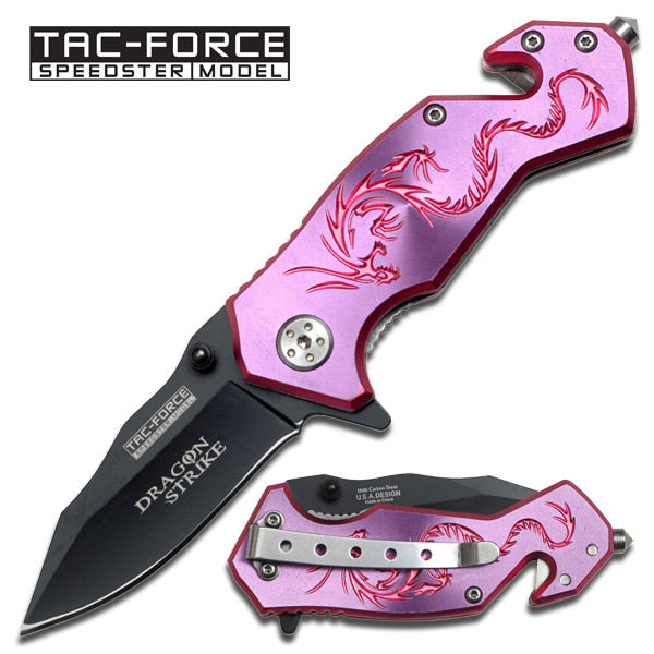 3.5" Tac-Force Mini Black Blade Pink Dragon EDC Spring Assist Knife Collectible Weapons - Tophatter Daily Deals
