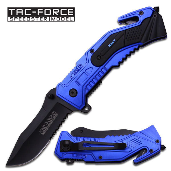 Black Serrated Blue Navy Tactical Rescue EDC Spring Assist Knife - TOPHATTER'S ARMORY DEALS Collectible Weapons - Tophatter Daily Deals