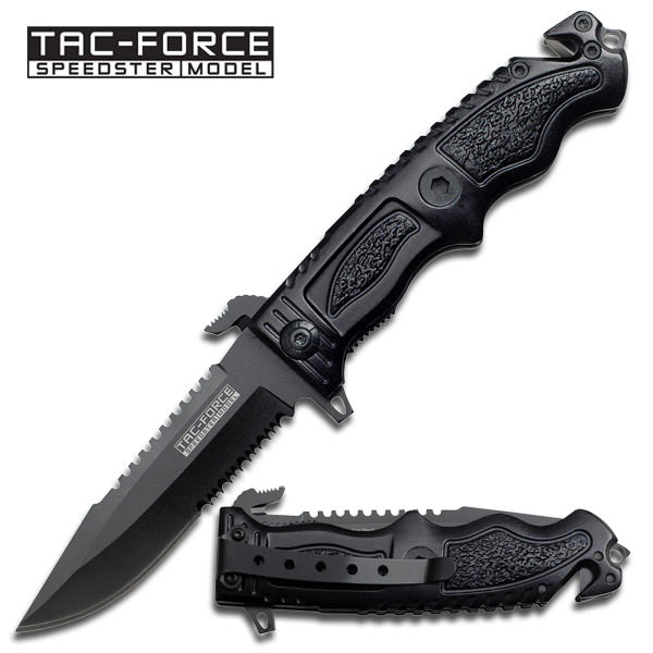 All Black Tactical Spring Assisted Knife Serrated Sawback Rescue Glassbreaker - TOPHATTER'S ARMORY DEALS Collectible Weapons - Tophatter Daily Deals