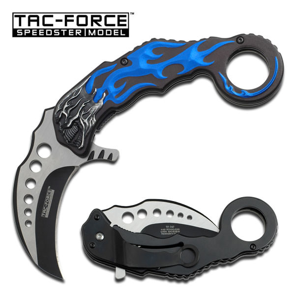 Black Blade Blue Skull Karambit EDC Spring Assisted Folding Knife - Tophatter's Guns'N'Weapons Store Collectible Weapons - Tophatter Daily Deals