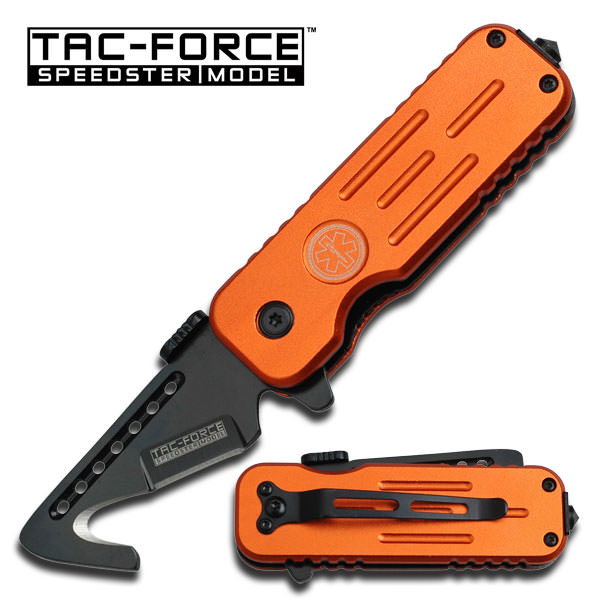 3.5" EMT Orange Rescue Style Spring Assist Knife with Hook Blade - Tophatter's Army Products & Self Defense Collectible Weapons - Tophatter Daily Deals