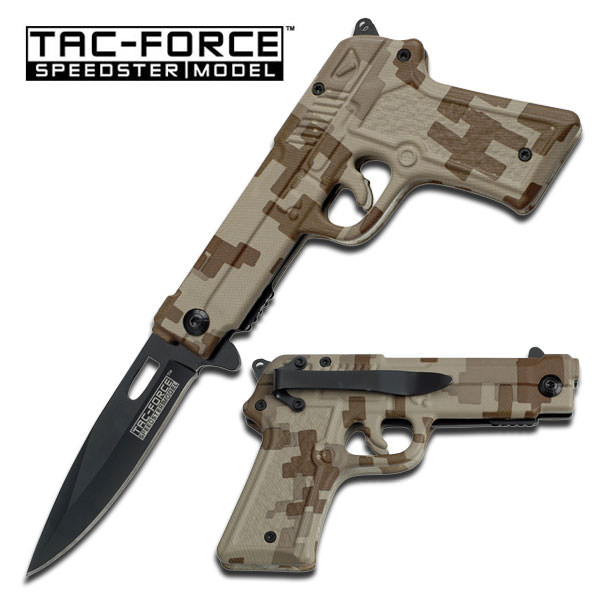 Fully Loaded Spring Assist Pistol Folding Knife - Desert Camo - TOPHATTER'S ARMORY DEALS Collectible Weapons - Tophatter Daily Deals