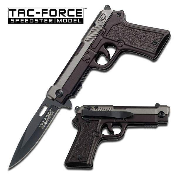 Fully Loaded Spring Assist Pistol Folding Knife - Grey and Black - Tophatter's Guns'N'Weapons Store Collectible Weapons - Tophatter Daily Deals