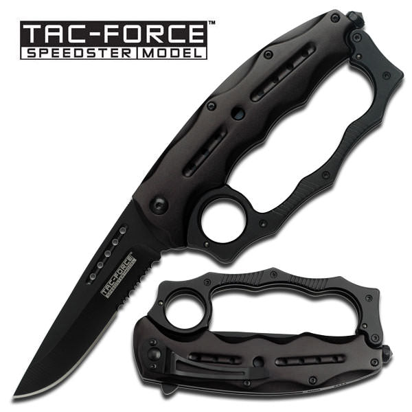 All Black Knuckle Handle Spring Assisted Knife With Glass Breaker Collectible Weapons - Tophatter Daily Deals