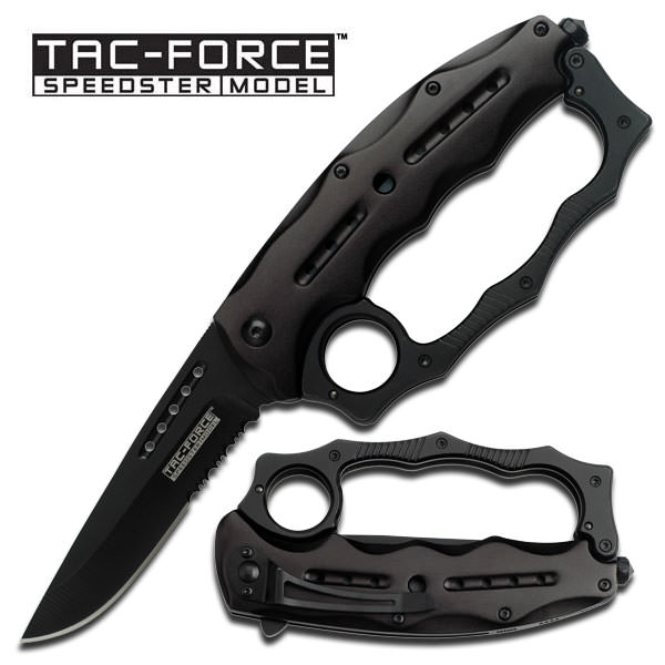 All Black Knuckle Handle Spring Assisted Knife With Glass Breaker - Tophatter's Guns'N'Weapons Store Collectible Weapons - Tophatter Daily Deals
