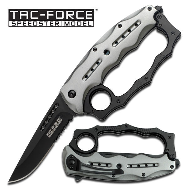 Grey Knuckle Handle Spring Assisted Knife With Glass Breaker - Tophatter's Guns'N'Weapons Store Collectible Weapons - Tophatter Daily Deals