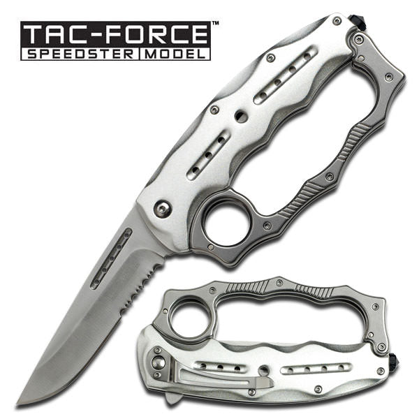 Silver Knuckle Handle Spring Assisted Knife With Glass Breaker - TOPHATTER'S ARMORY DEALS Collectible Weapons - Tophatter Daily Deals