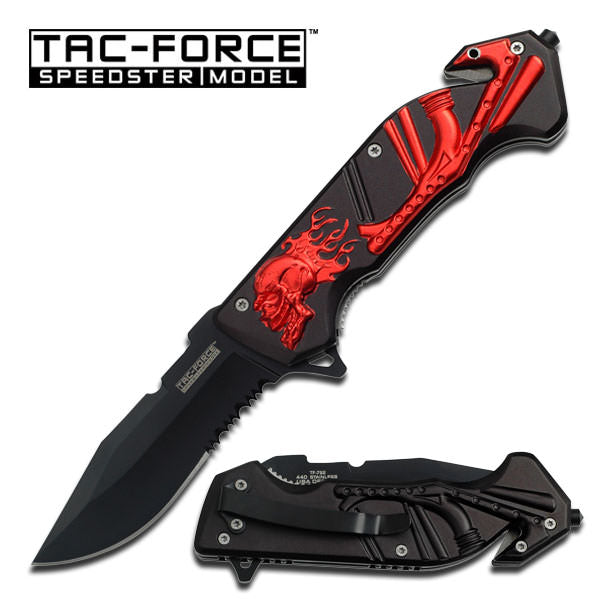 Skull Handle Rescue Folder Spring Assist Knife - Red Skull and Pipe - TOPHATTER'S ARMORY DEALS Collectible Weapons - Tophatter Daily Deals