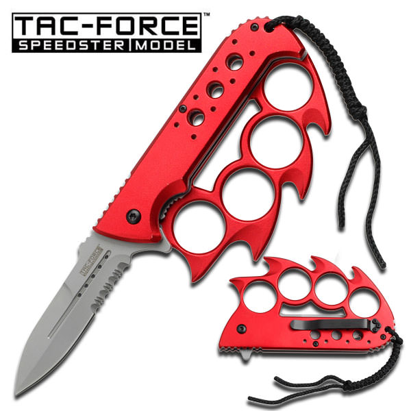 Red Knuckle Handle Spring Assisted Knife With Lanyard - TOPHATTER'S ARMORY DEALS Collectible Weapons - Tophatter Daily Deals