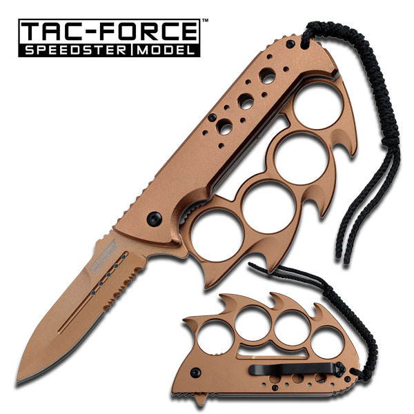 Tan Finish Knuckle Handle Spring Assisted Knife With Lanyard - TOPHATTER'S ARMORY DEALS Collectible Weapons - Tophatter Daily Deals