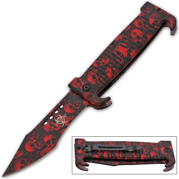Red Undead Gasher Zombie Slayer Death Curve Spring Assisted Knife - Tophatter's Army Products & Self Defense Collectible Weapons - Tophatter Daily Deals