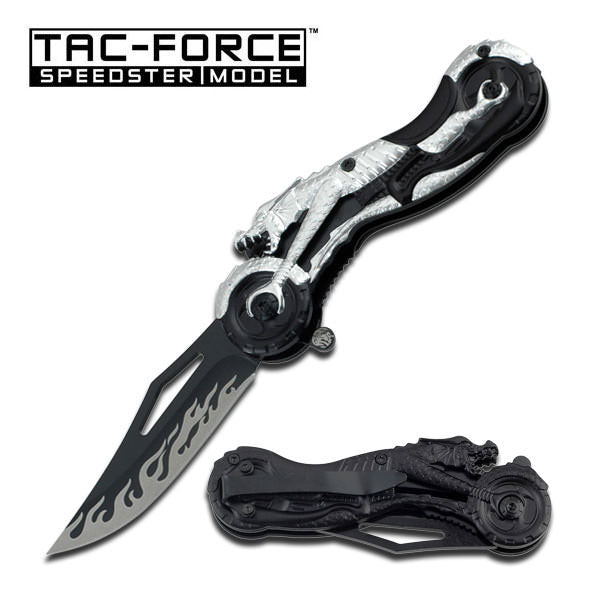 Silver Dragon Motorcycle Handle & Flaming Blade Fantasy Assisted Knife - TOPHATTER'S ARMORY DEALS Collectible Weapons - Tophatter Daily Deals