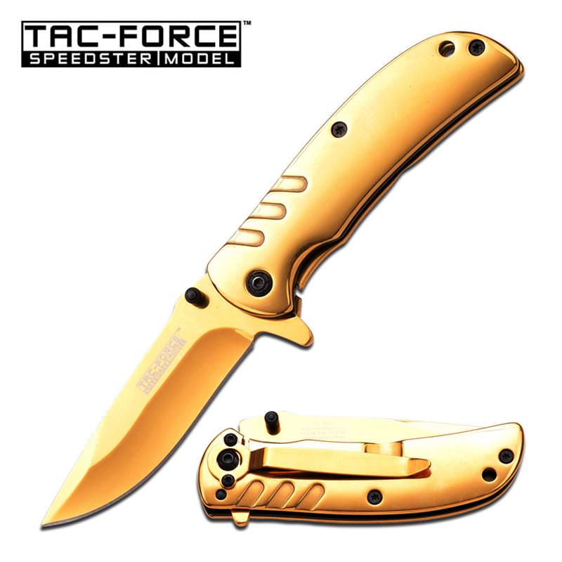 Spring Assisted Knife 3.5 Inch Closed Golden Ti-Coating Handle - Tophatter's Guns'N'Weapons Store Collectible Weapons - Tophatter Daily Deals