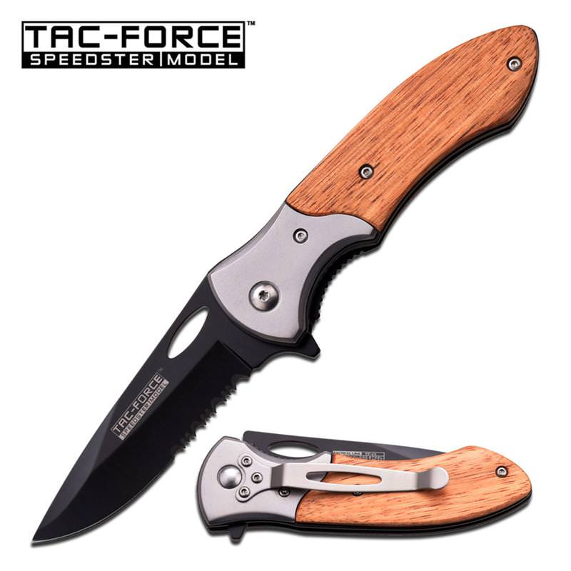 4.5" Closed Tac Force Wood Handle Spring Assisted Knife Serrated Blade Collectible Weapons - Tophatter Daily Deals