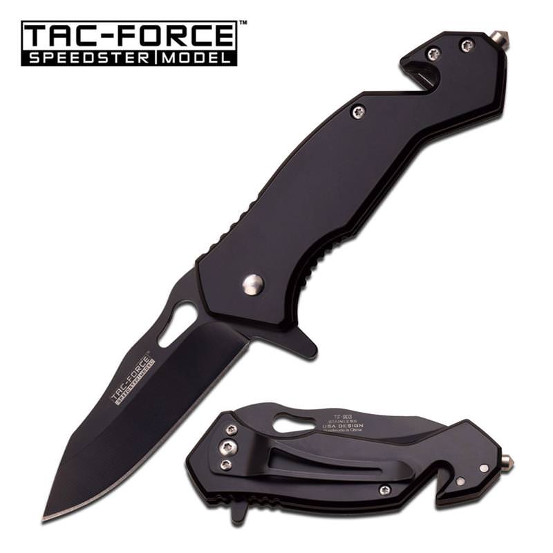 Tac-force Tactical Rescue Spring Assist Knife with 2.7 Inch Blade Full Black - Tophatter's Guns'N'Weapons Store Collectible Weapons - Tophatter Daily Deals