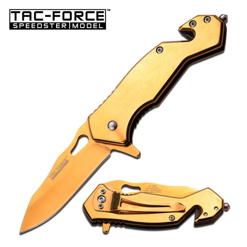 3.75 Inch Closed Full Gold Tactical Rescue Spring Assisted Knife - Tophatter's Guns'N'Weapons Store - FREE SHIPPING Collectible Weapons - Tophatter Daily Deals