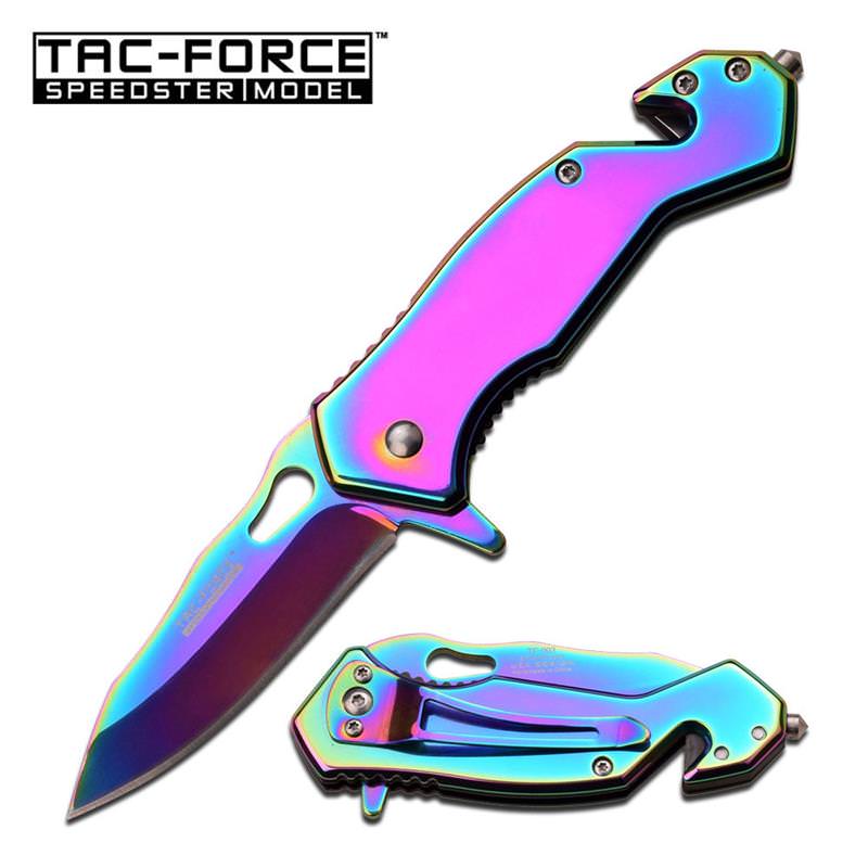 Mirror Rainbow Tactical Rescue EDC Spring Assisted Folding Pocket Knife - TOPHATTER'S ARMORY DEALS Collectible Weapons - Tophatter Daily Deals