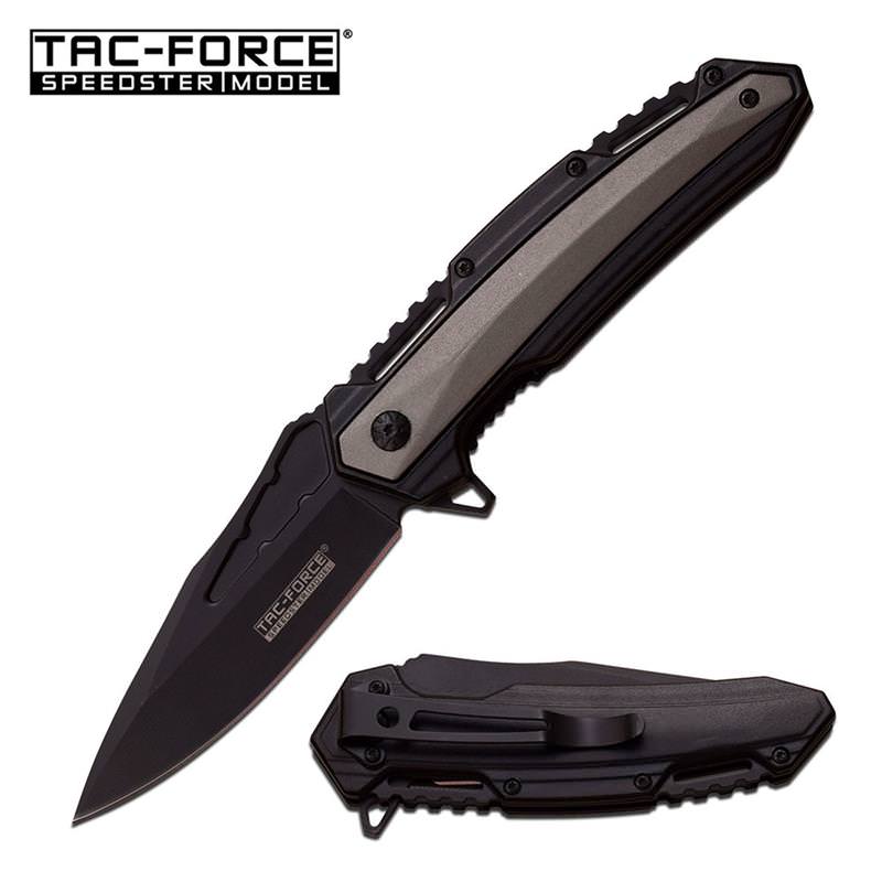 Tac-Force 4.75 Inches Spring Assist Knife Black Handle with Grey Inlay - Tophatter's Army Products & Self Defense Collectible Weapons - Tophatter Daily Deals
