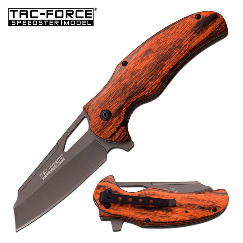Tac-Force Brown PakkaWood Gray Blade Cleaver Spring Assist Knife - TOPHATTER'S ARMORY DEALS Collectible Weapons - Tophatter Daily Deals