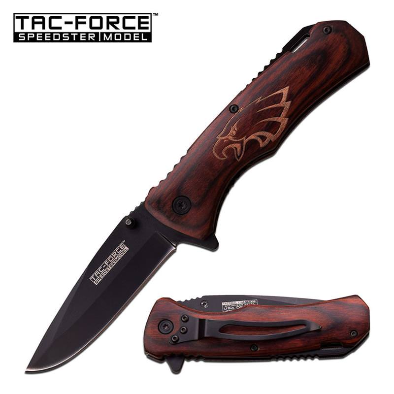 Brown Eagle Wood Black Blade Spring Assisted Folding Pocket Knife - Tophatter's Guns'N'Weapons Store Collectible Weapons - Tophatter Daily Deals