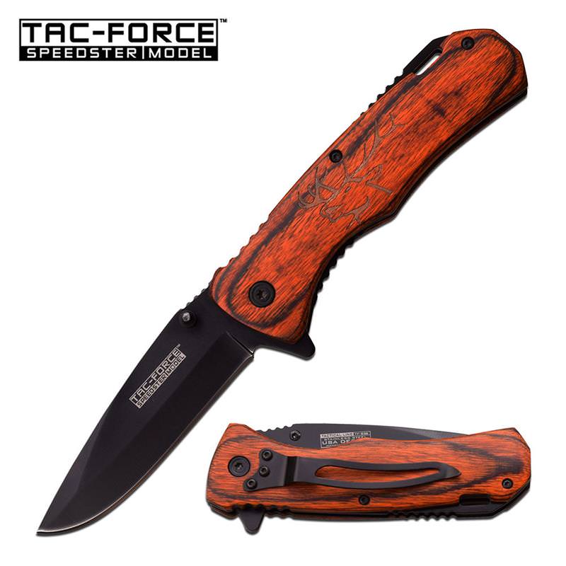 Tac-Force Spring Assisted Folding Knife Brown Pakka Handle with Elk Etching - TOPHATTER'S ARMORY DEALS Collectible Weapons - Tophatter Daily Deals