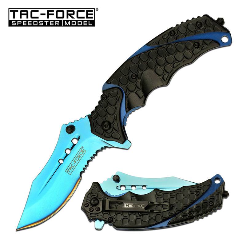 3.75" Blade Blue Serrated Tactical Black Spring Assisted Folding Knife - TOPHATTER'S ARMORY DEALS Collectible Weapons - Tophatter Daily Deals