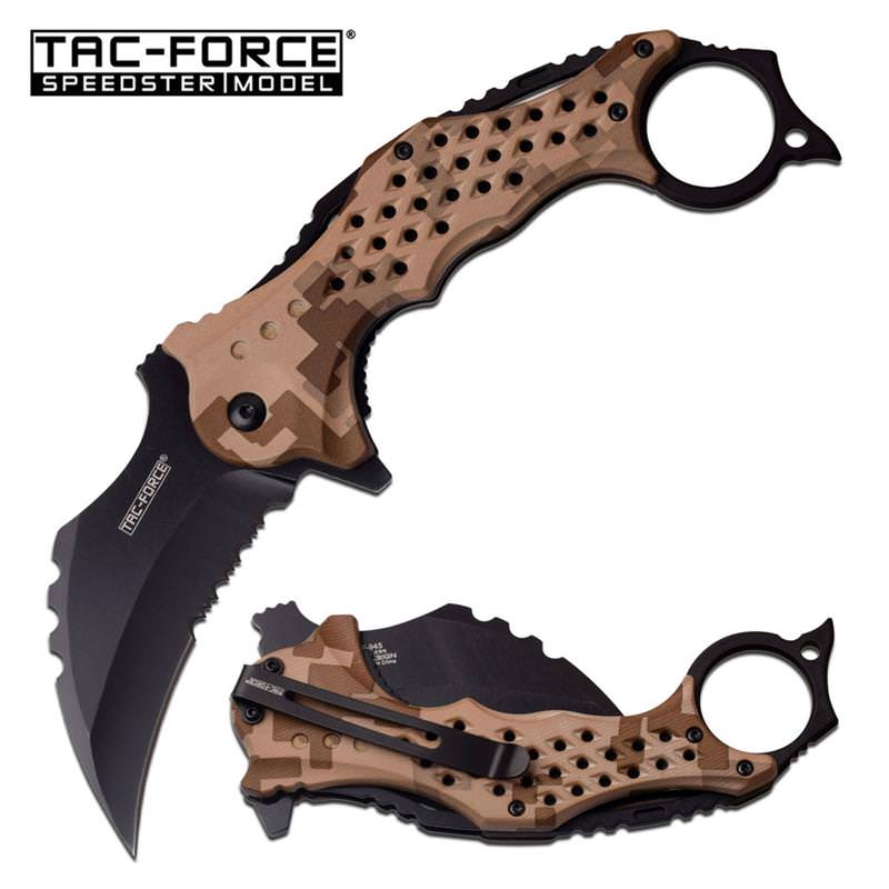 3" Black Serrated Blade Tan Camo Karambit Tactical Spring Assist Knife - Tophatter's Guns'N'Weapons Store - FREE SHIPPING Collectible Weapons - Tophatter Daily Deals