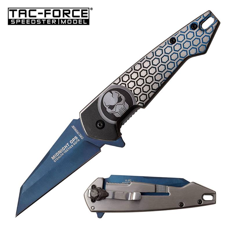 Midnight Ops Blue Titanium Blade Skull EDC Spring Assisted Knife - TOPHATTER'S ARMORY DEALS Collectible Weapons - Tophatter Daily Deals