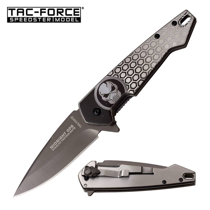 Midnight Ops Gray Titanium Blade Skull EDC Spring Assisted knife - Tophatter's Guns'N'Weapons Store Collectible Weapons - Tophatter Daily Deals