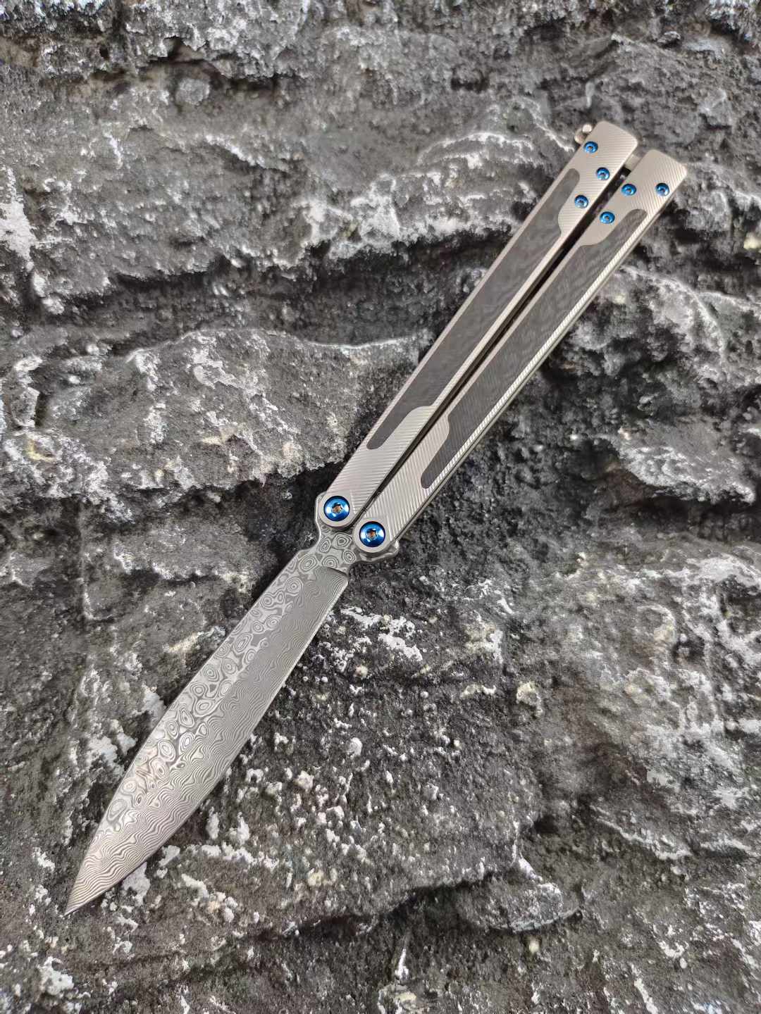 THEONE Titanium & Carbon Fiber Damascus Butterfly Knife - Tophatter Daily Deals