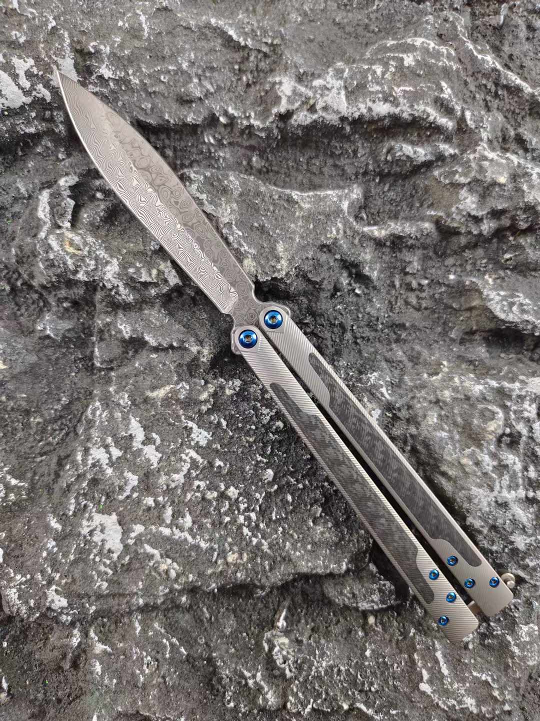 THEONE Titanium & Carbon Fiber Damascus Butterfly Knife - Tophatter Daily Deals