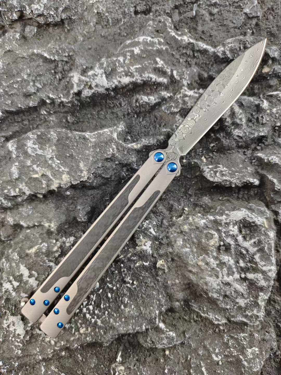 THEONE Titanium & Carbon Fiber Damascus Butterfly Knife - Tophatter Daily Deals