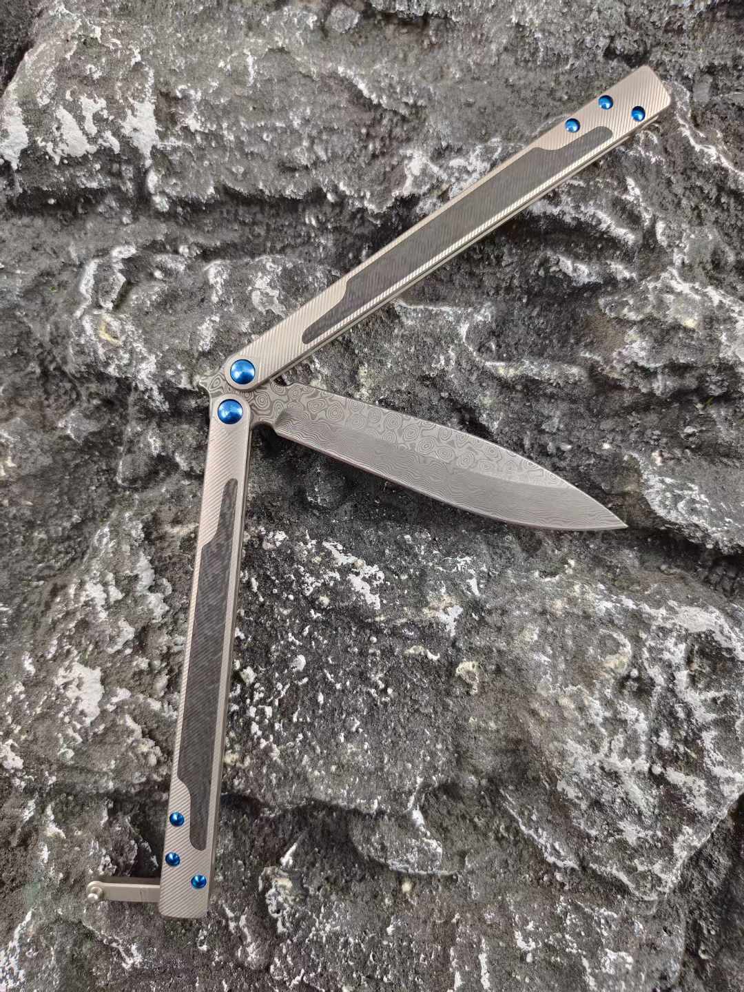 THEONE Titanium & Carbon Fiber Damascus Butterfly Knife - Tophatter Daily Deals