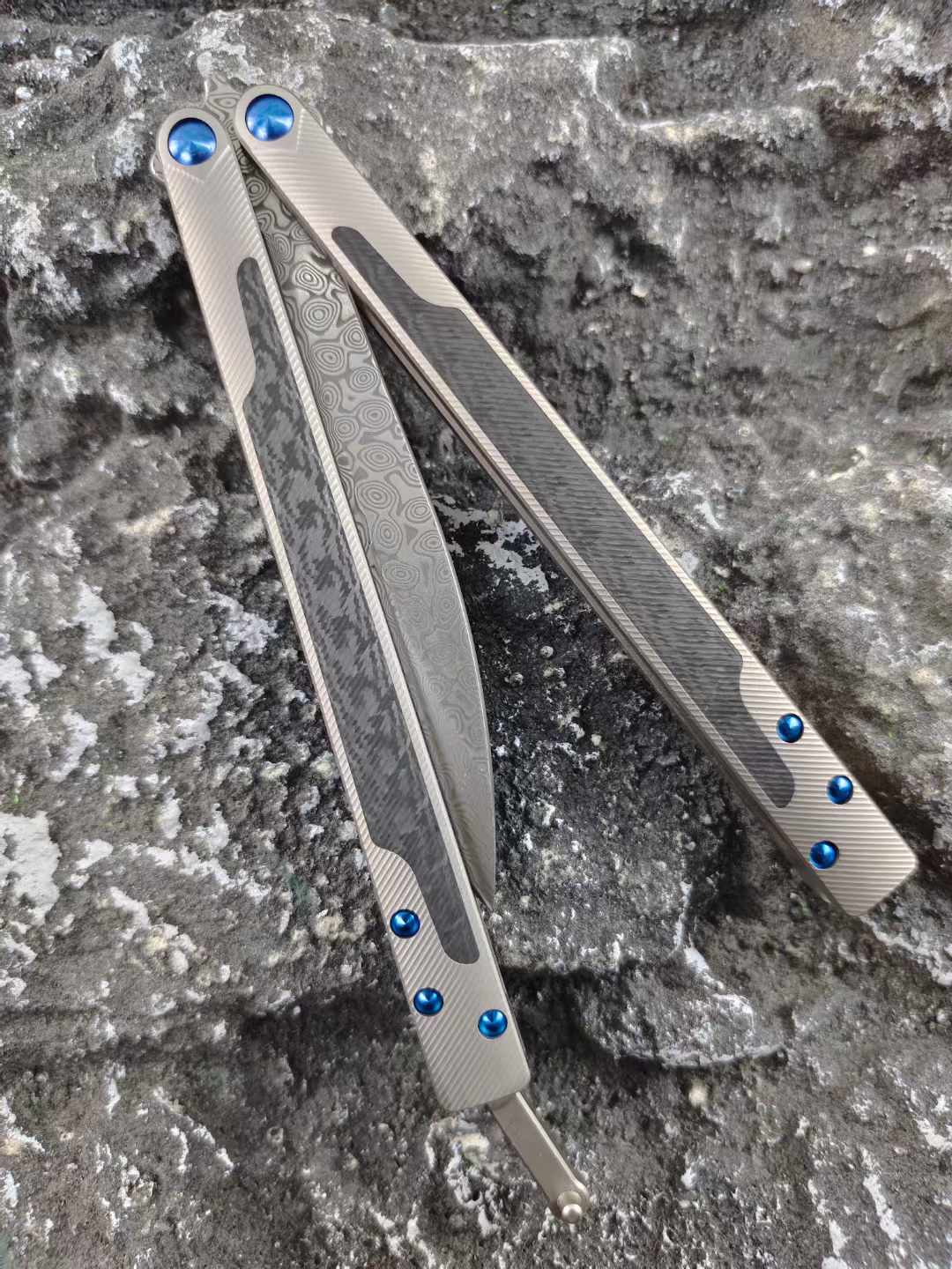 THEONE Titanium & Carbon Fiber Damascus Butterfly Knife - Tophatter Daily Deals