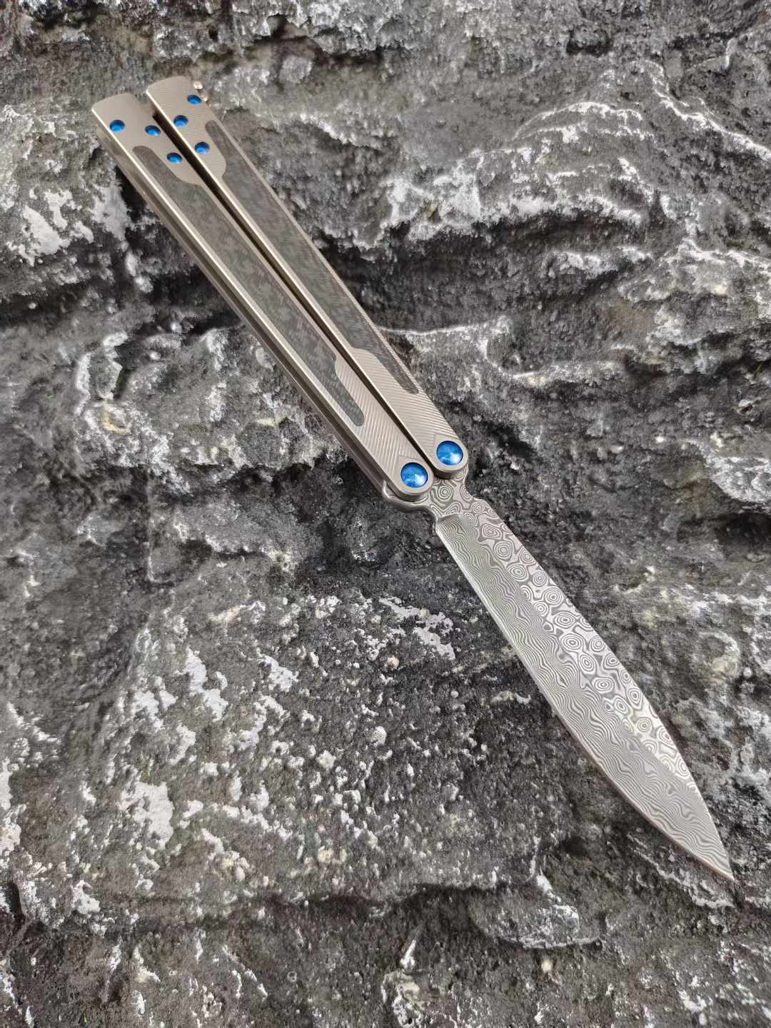 THEONE Titanium & Carbon Fiber Damascus Butterfly Knife - Tophatter Daily Deals