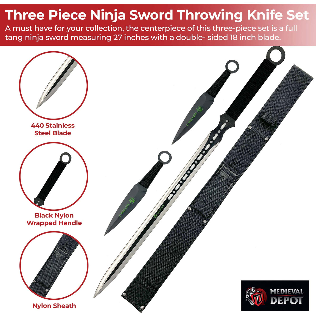 Three Piece Ninja Sword Throwing Knife Set swords - Tophatter Daily Deals