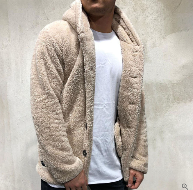 Warm Mens Fleece Pullover - Hooded Button Front, Sherpa Beige - Tophatter Daily Deals