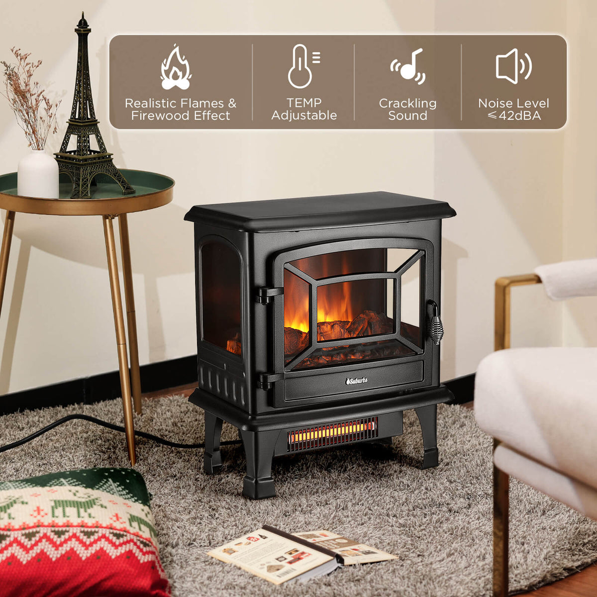 Suburbs TS20-SD Electric Fireplace Stove Heater with Sound Household Appliances - Tophatter Daily Deals