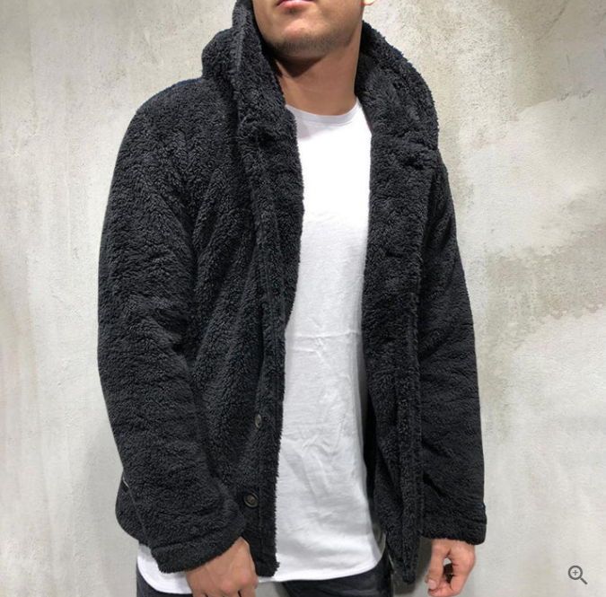 Warm Mens Fleece Pullover - Hooded Button Front, Sherpa Black - Tophatter Daily Deals