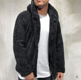 Warm Mens Fleece Pullover - Hooded Button Front, Sherpa Black - Tophatter Daily Deals